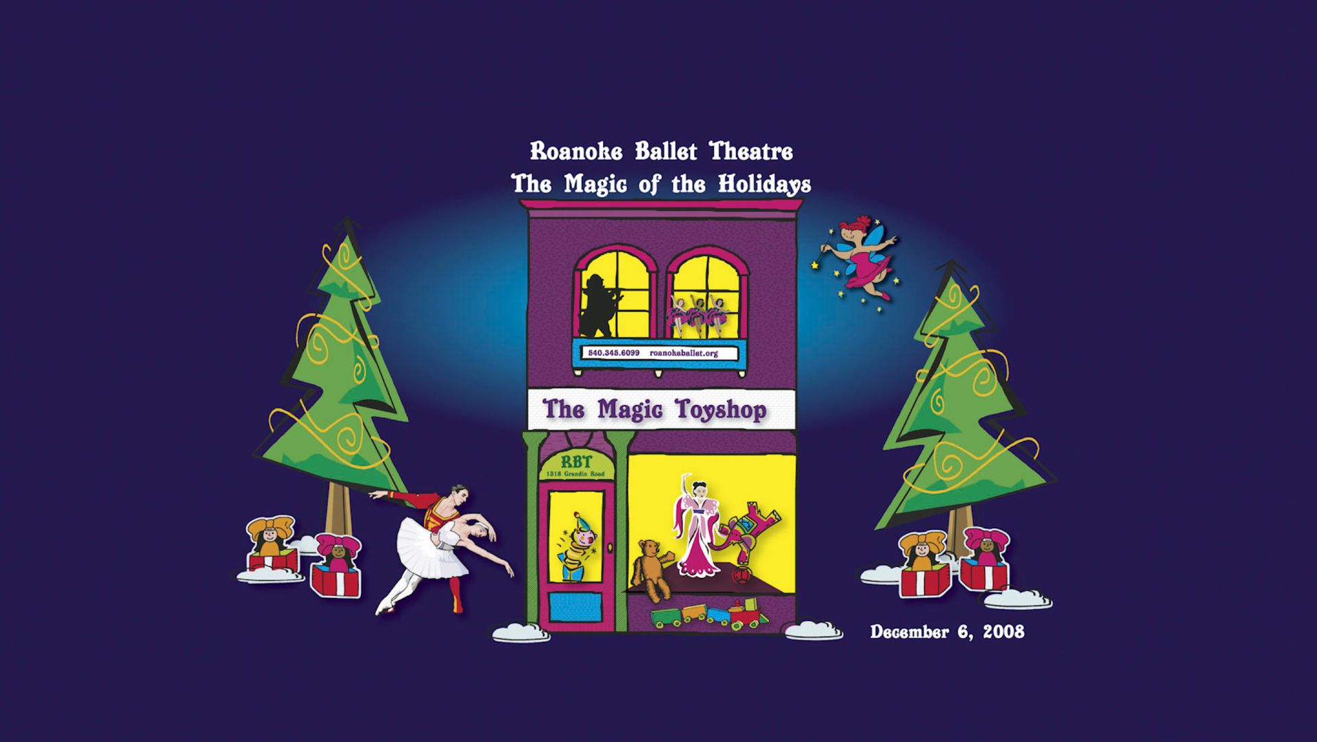 A purple building with a christmas tree in front of it