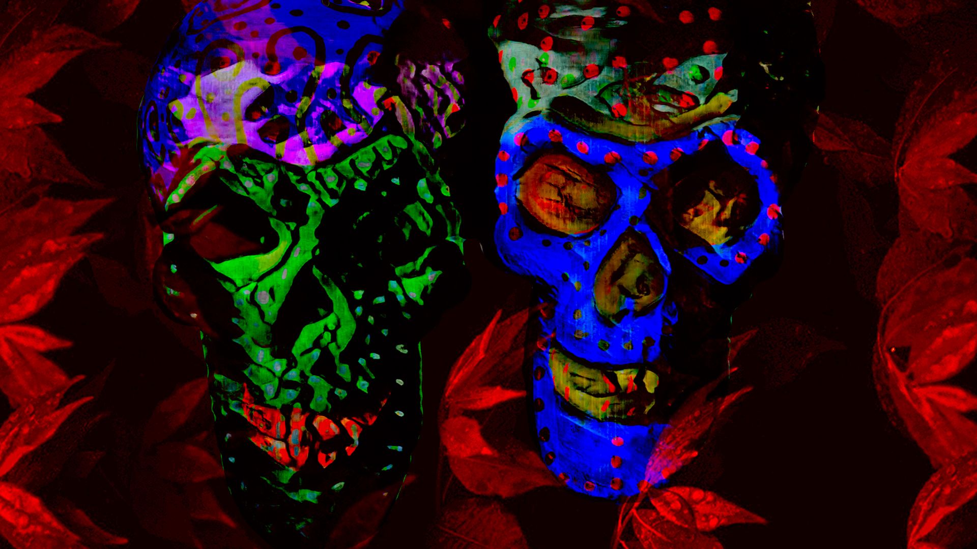 Two colorful skulls are glowing in the dark on a red background.