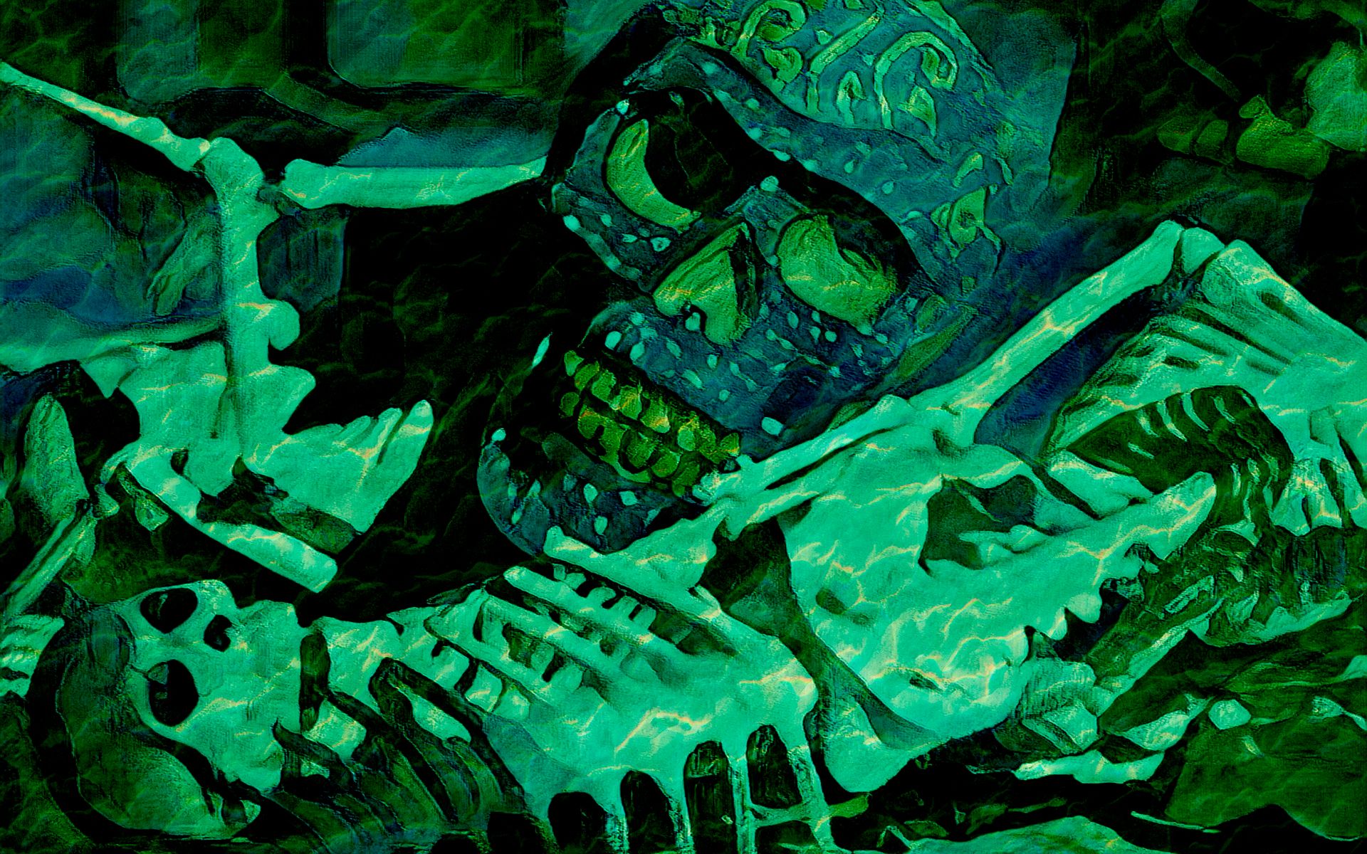 A painting of a skeleton with a skull on it