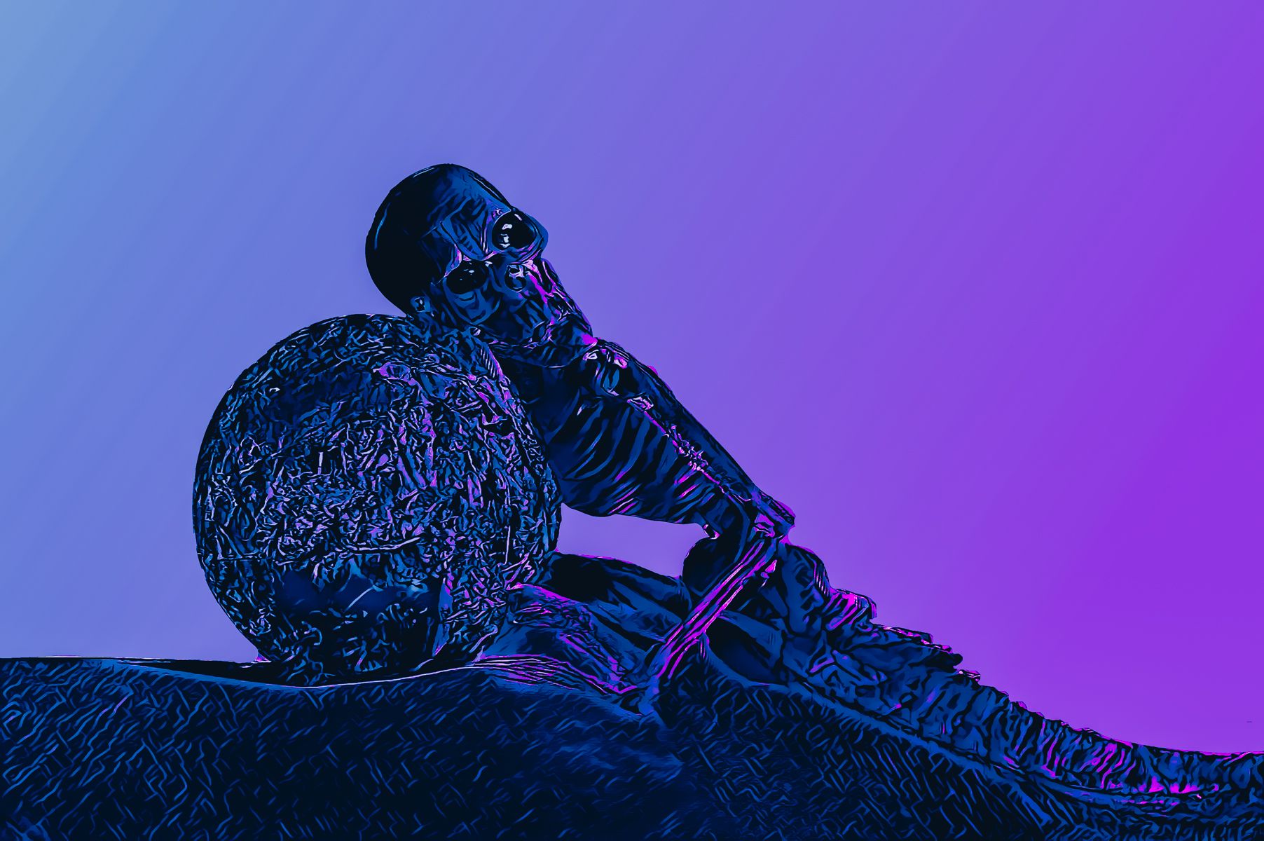 A pixel art of a man sitting on a rock with a purple background.
