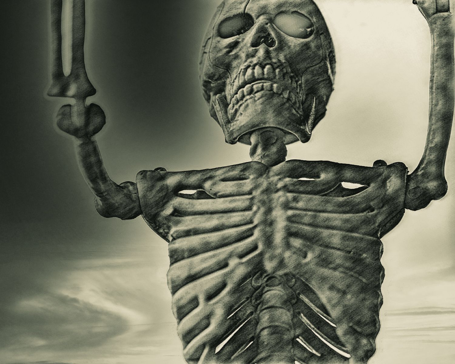 A black and white photo of a skeleton holding up its arms