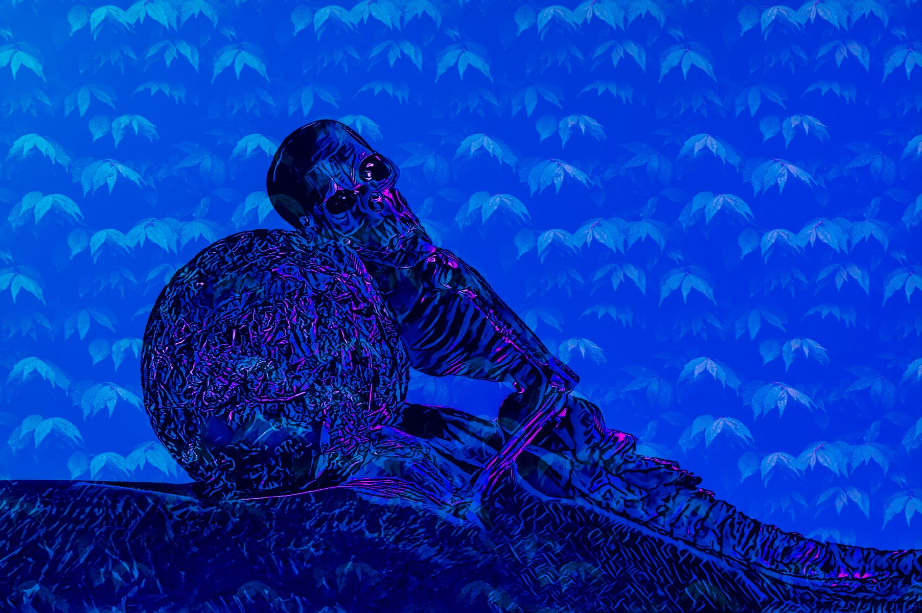 A painting of a man sitting on a rock in front of a blue background.