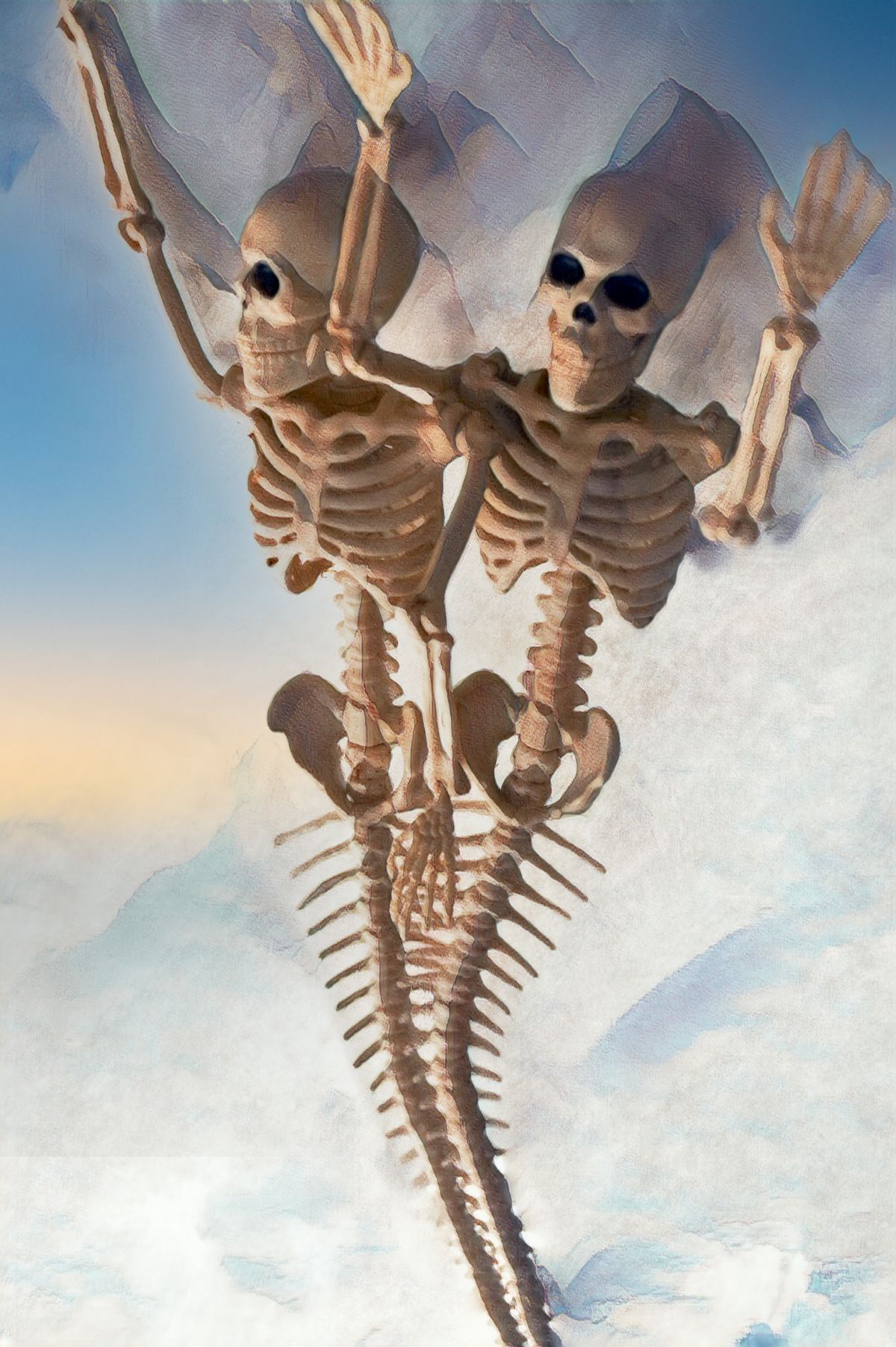 Two skeletons are standing next to each other in the sky