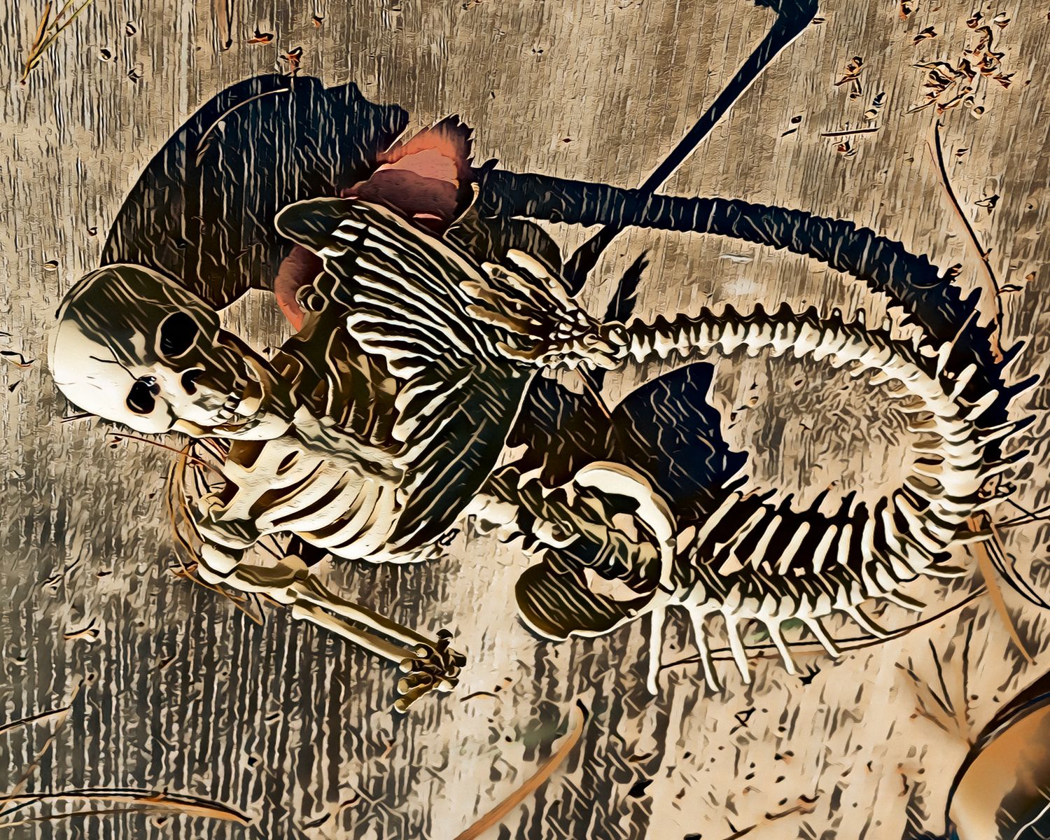 A drawing of a skeleton laying on the ground