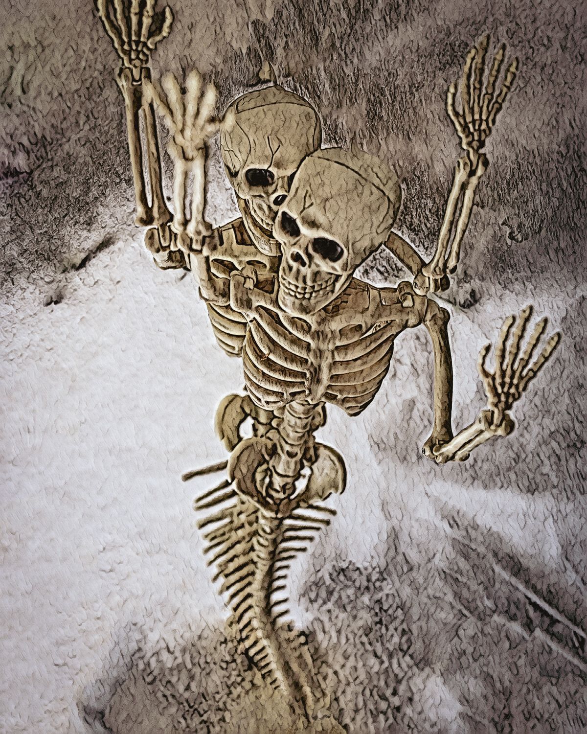 A skeleton is standing in the snow with its arms outstretched.