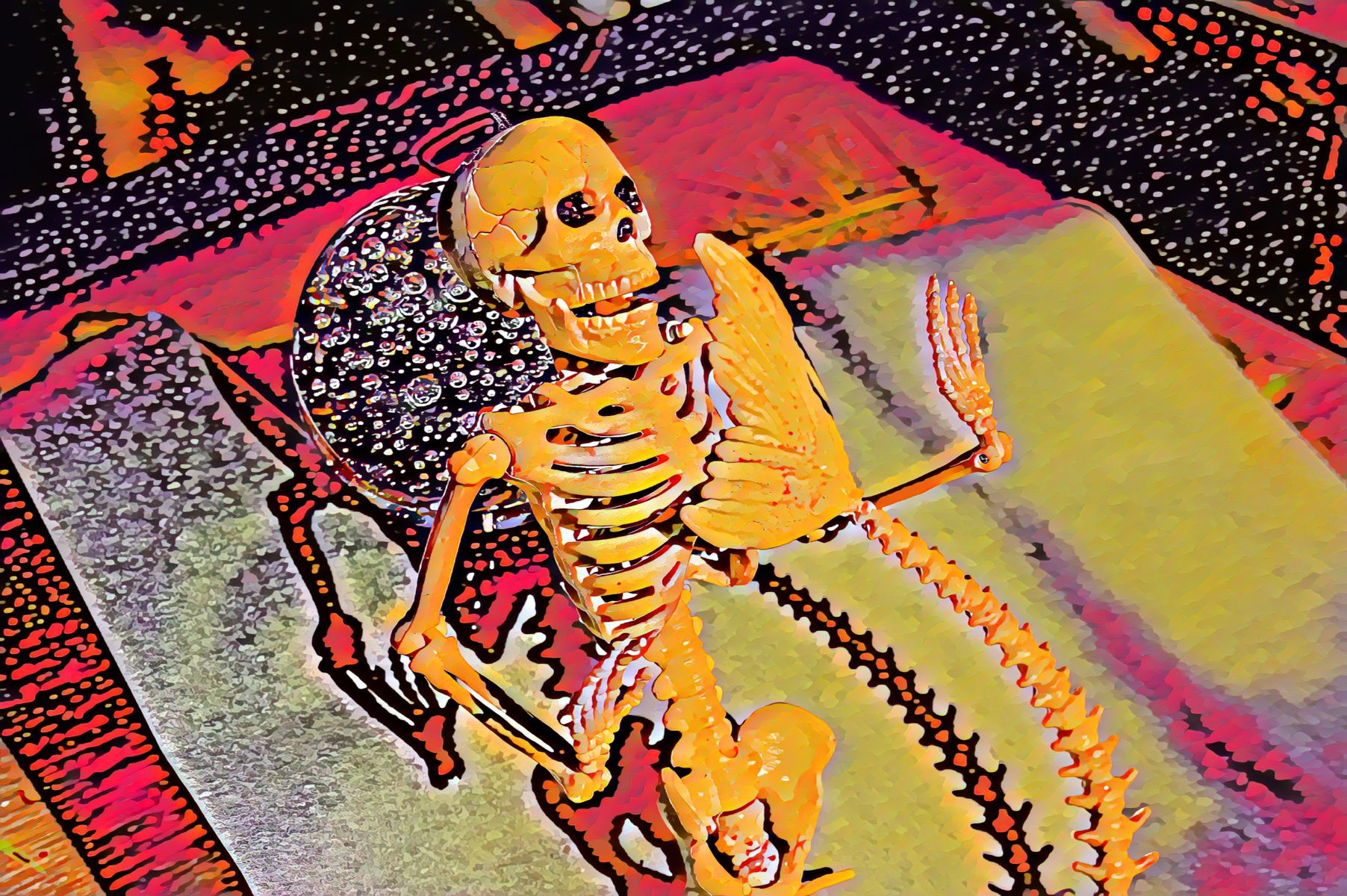 A colorful painting of a skeleton laying on a bed