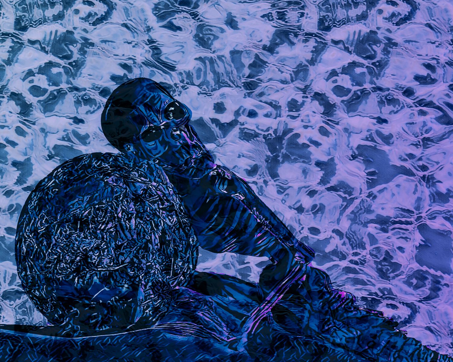 A purple and blue painting of a skeleton laying on the ground