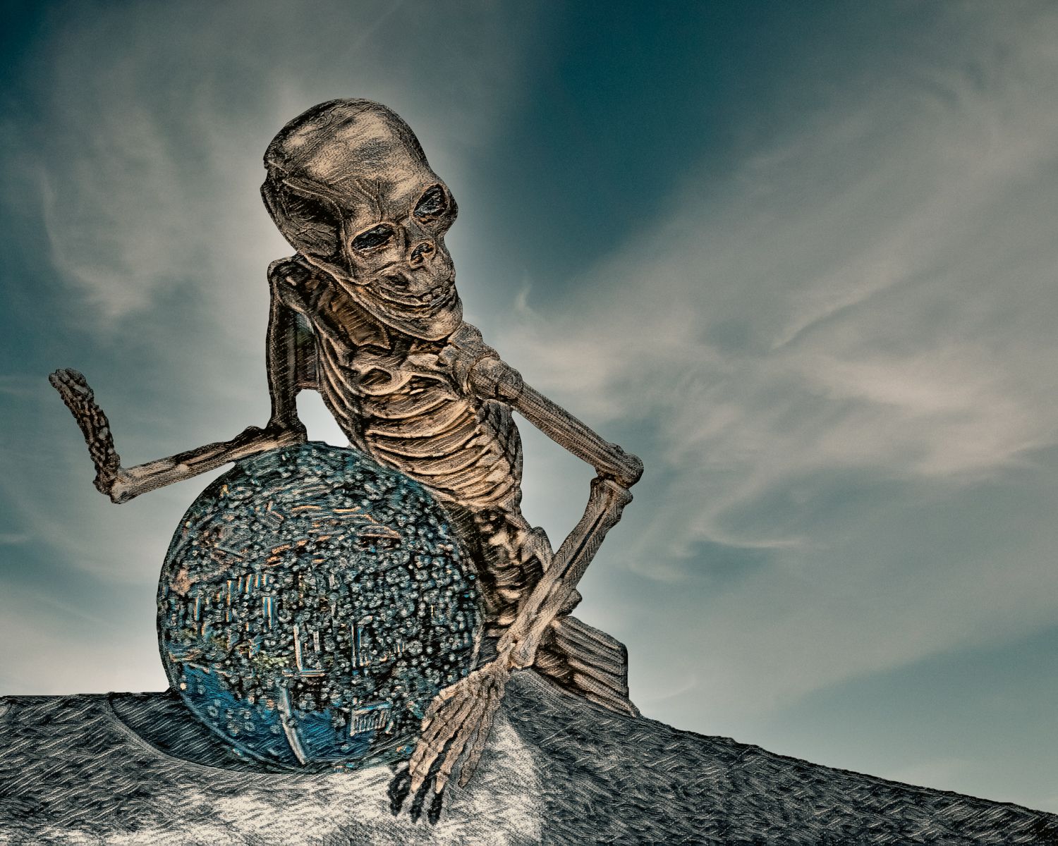 A statue of a skeleton sitting on top of a globe