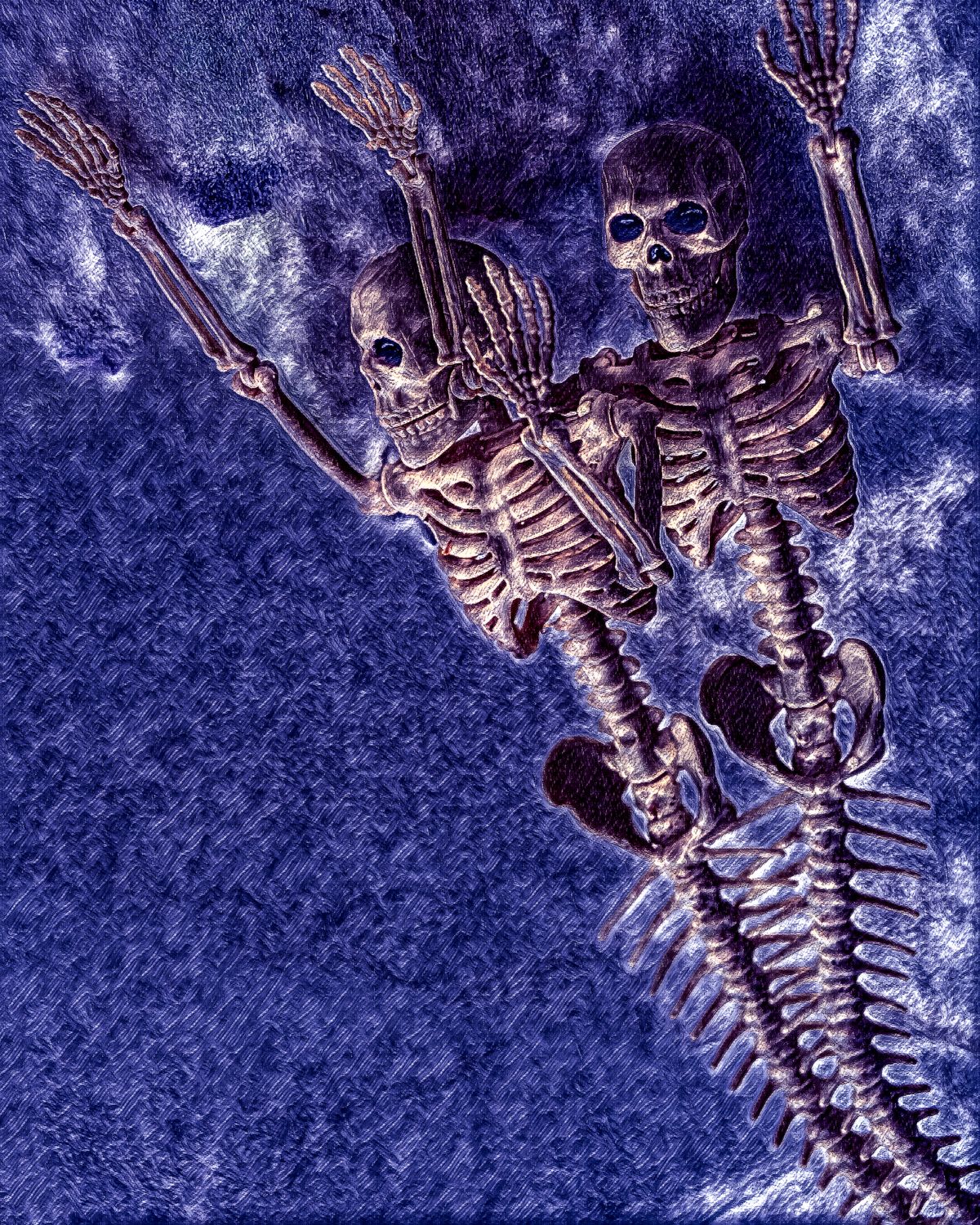 Two skeletons are standing next to each other on a blue background.