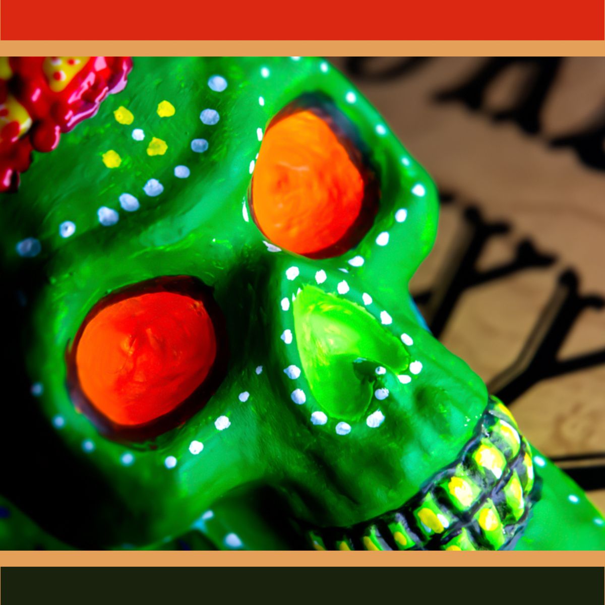 A green skull with orange eyes and white dots