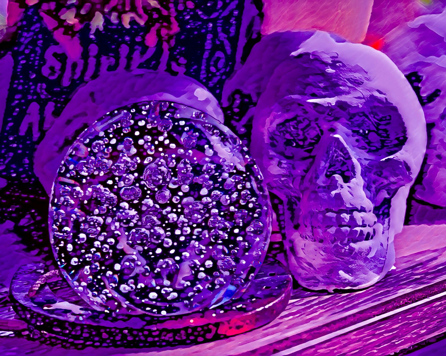 A purple background with skulls and a snow globe