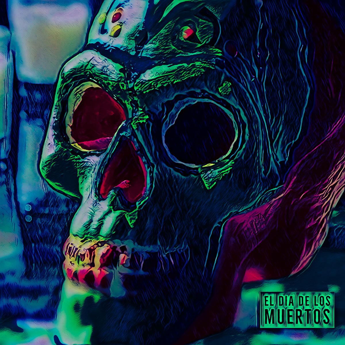 A colorful skull with the words el dia de los muertos on the bottom