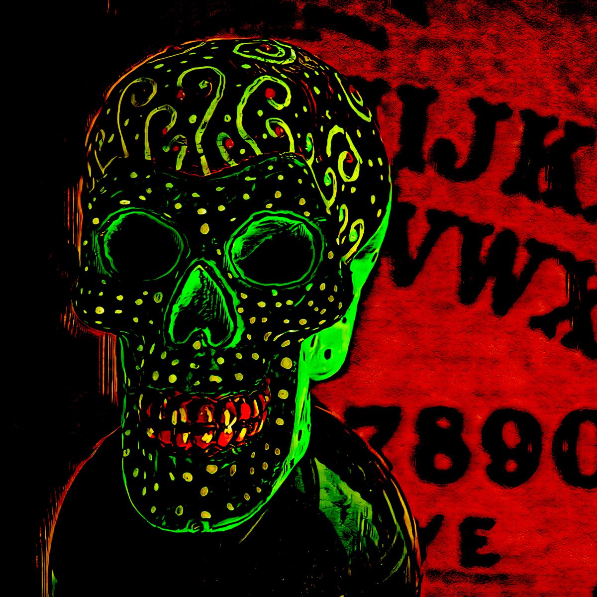 A glow in the dark skull is standing in front of an ouija board