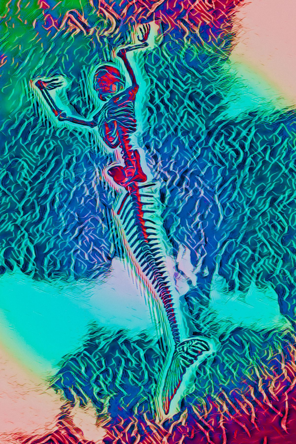 A colorful painting of a skeleton holding a microphone.
