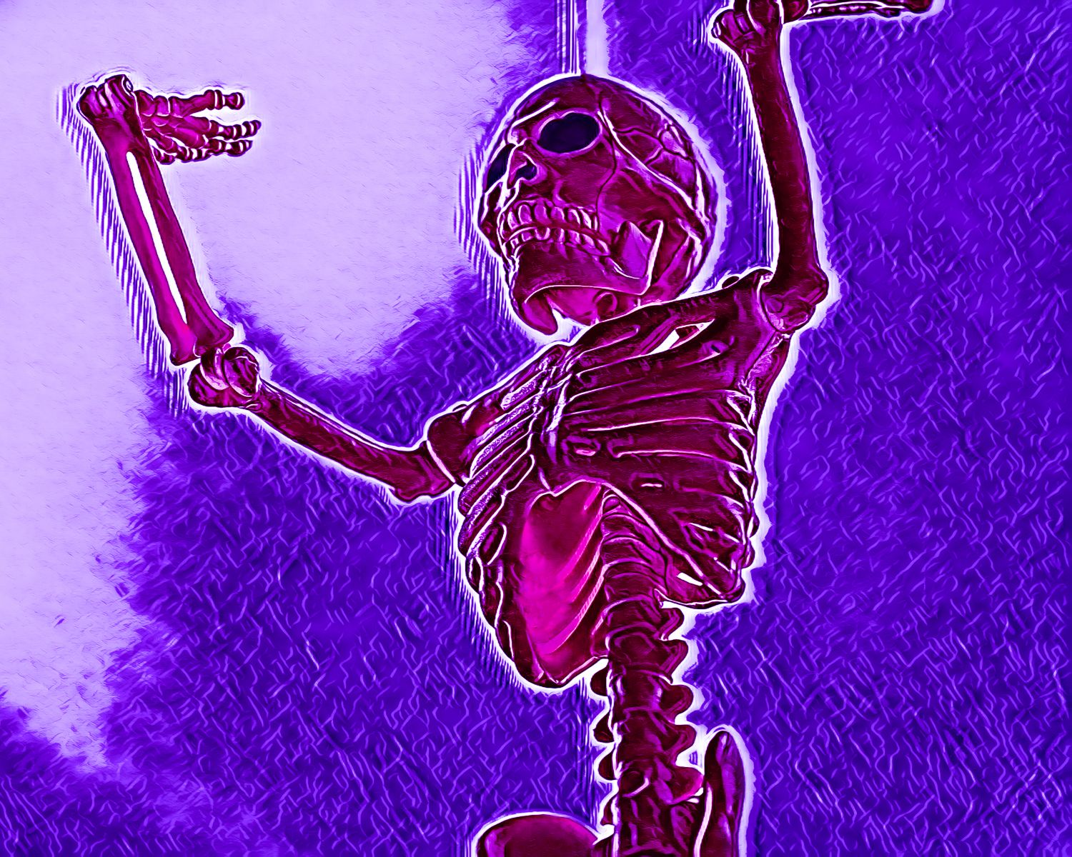 A skeleton is holding a purple object in his hand on a purple background.