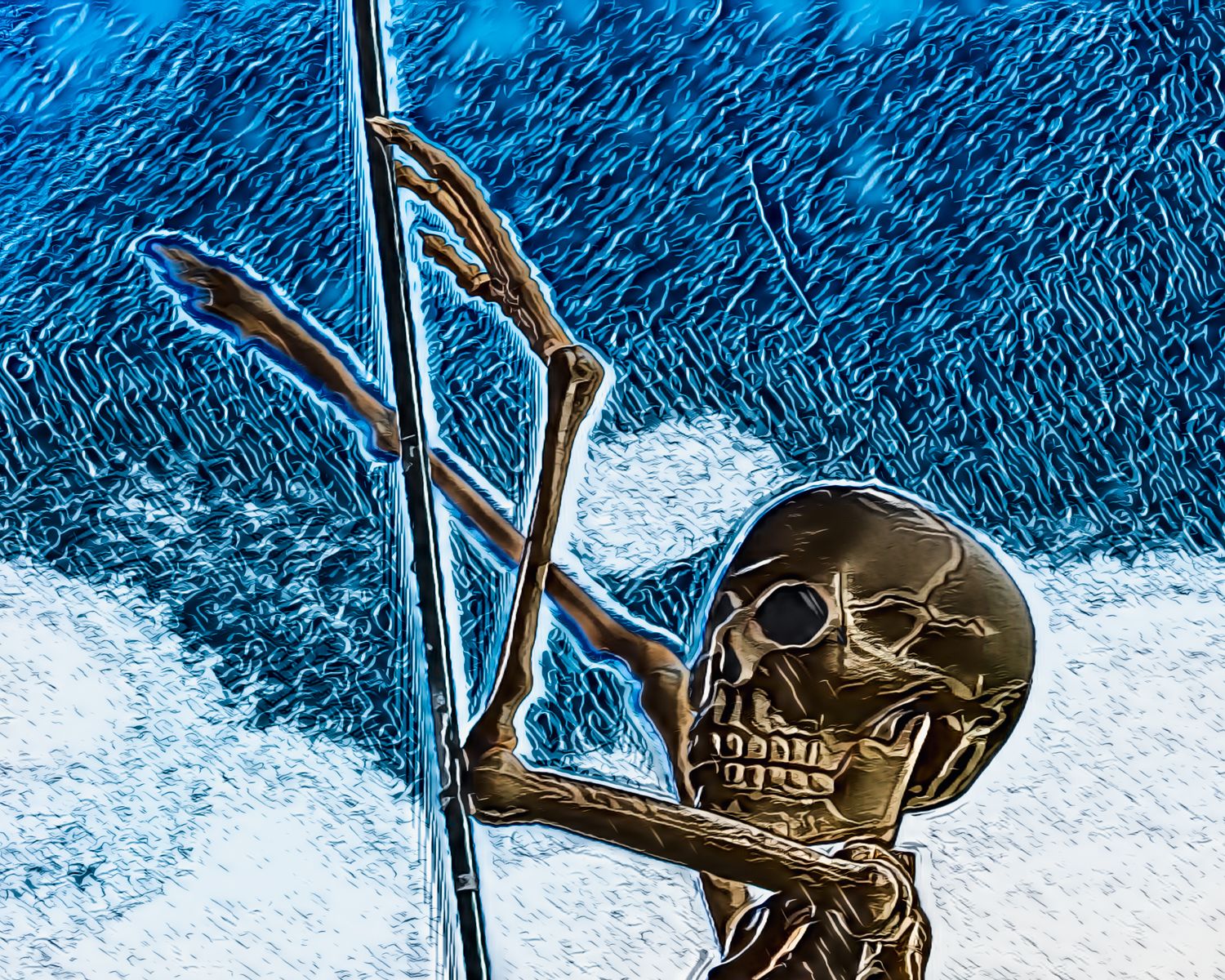 A drawing of a skeleton holding onto a pole