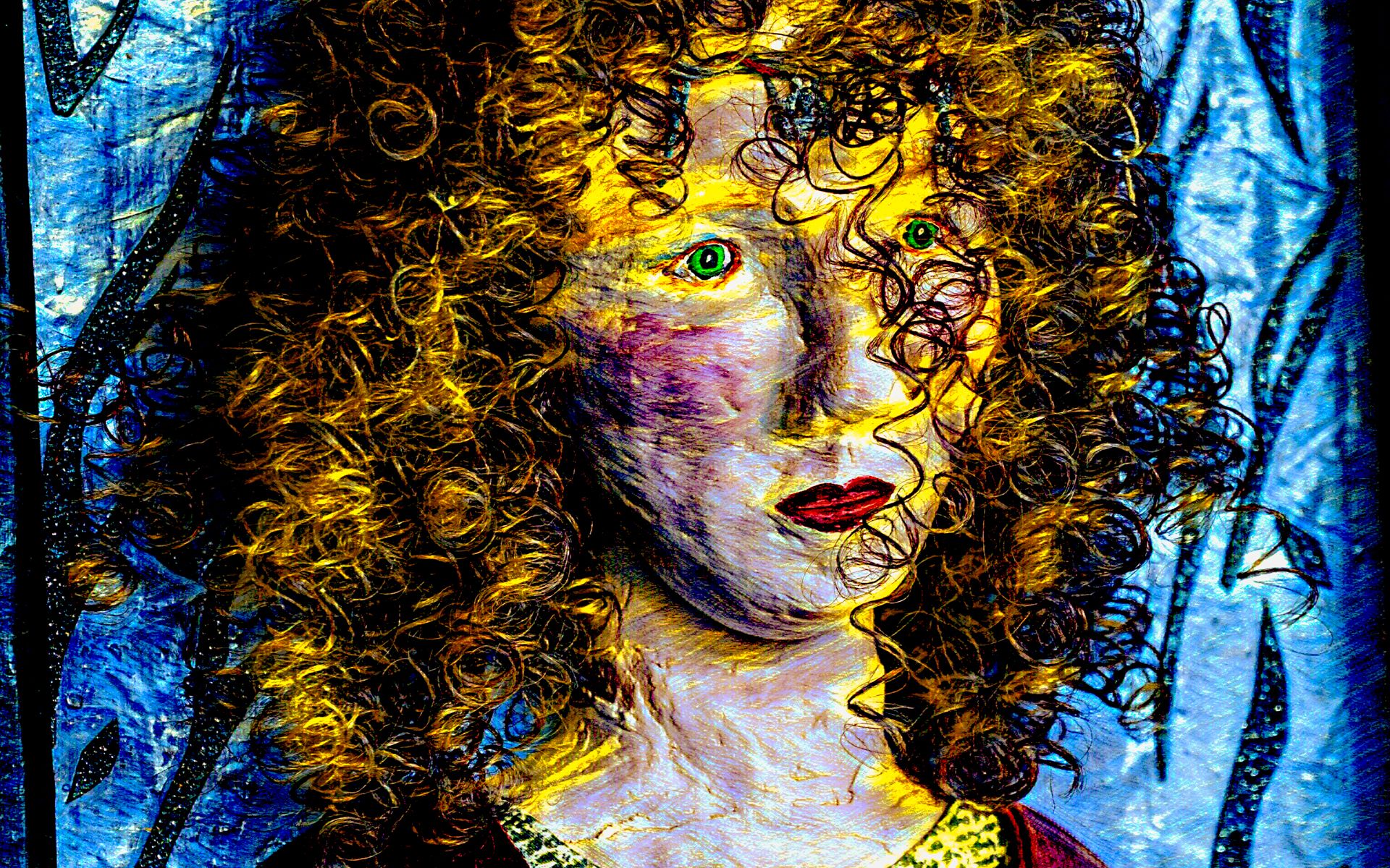 A painting of a woman with curly hair and green eyes