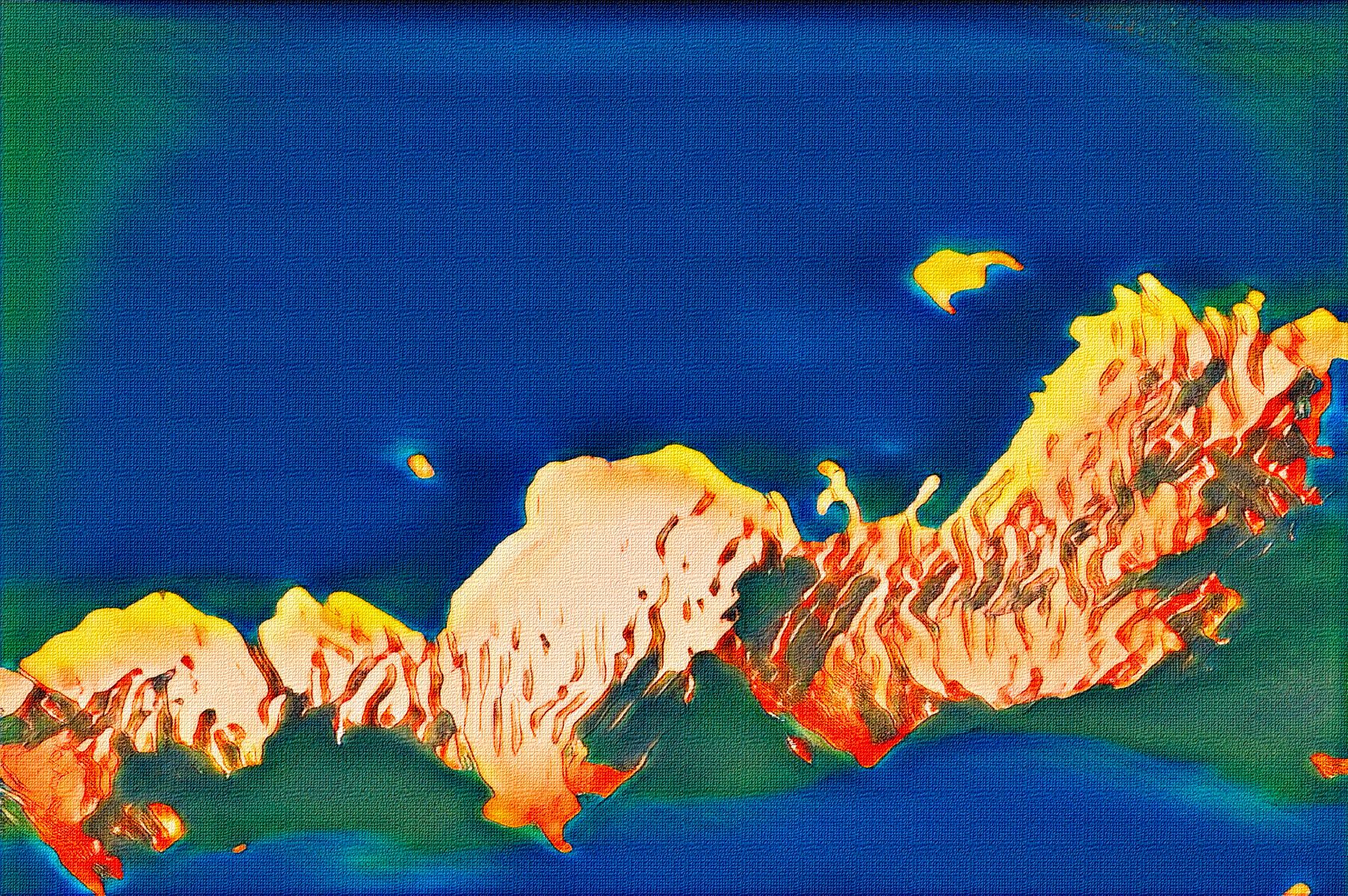 A colorful mosaic of a map of the world with a blue background.