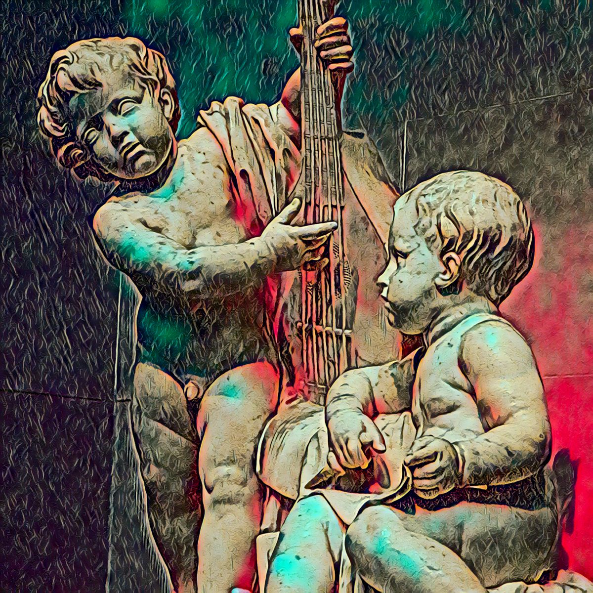 A statue of two cherubs playing musical instruments