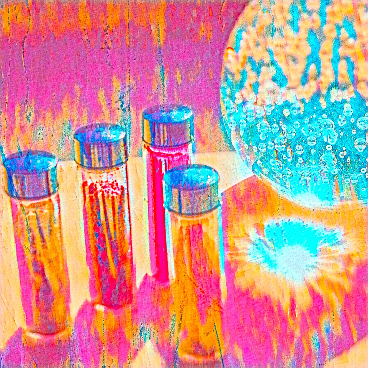 A painting of four bottles sitting on top of a table.