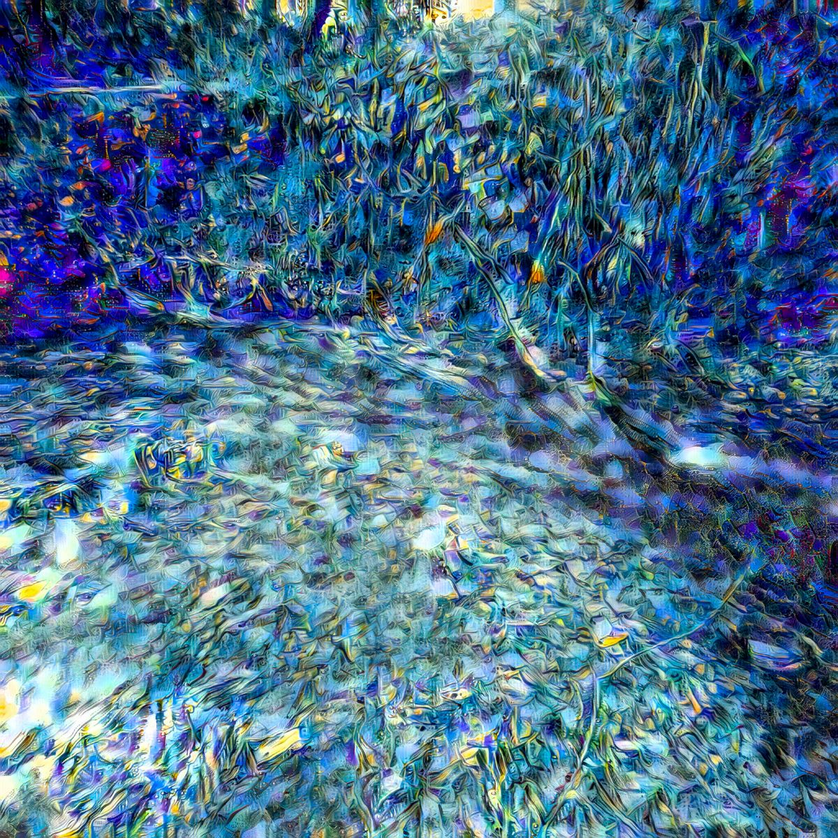 It looks like a painting of a swimming pool with a lot of blue water.