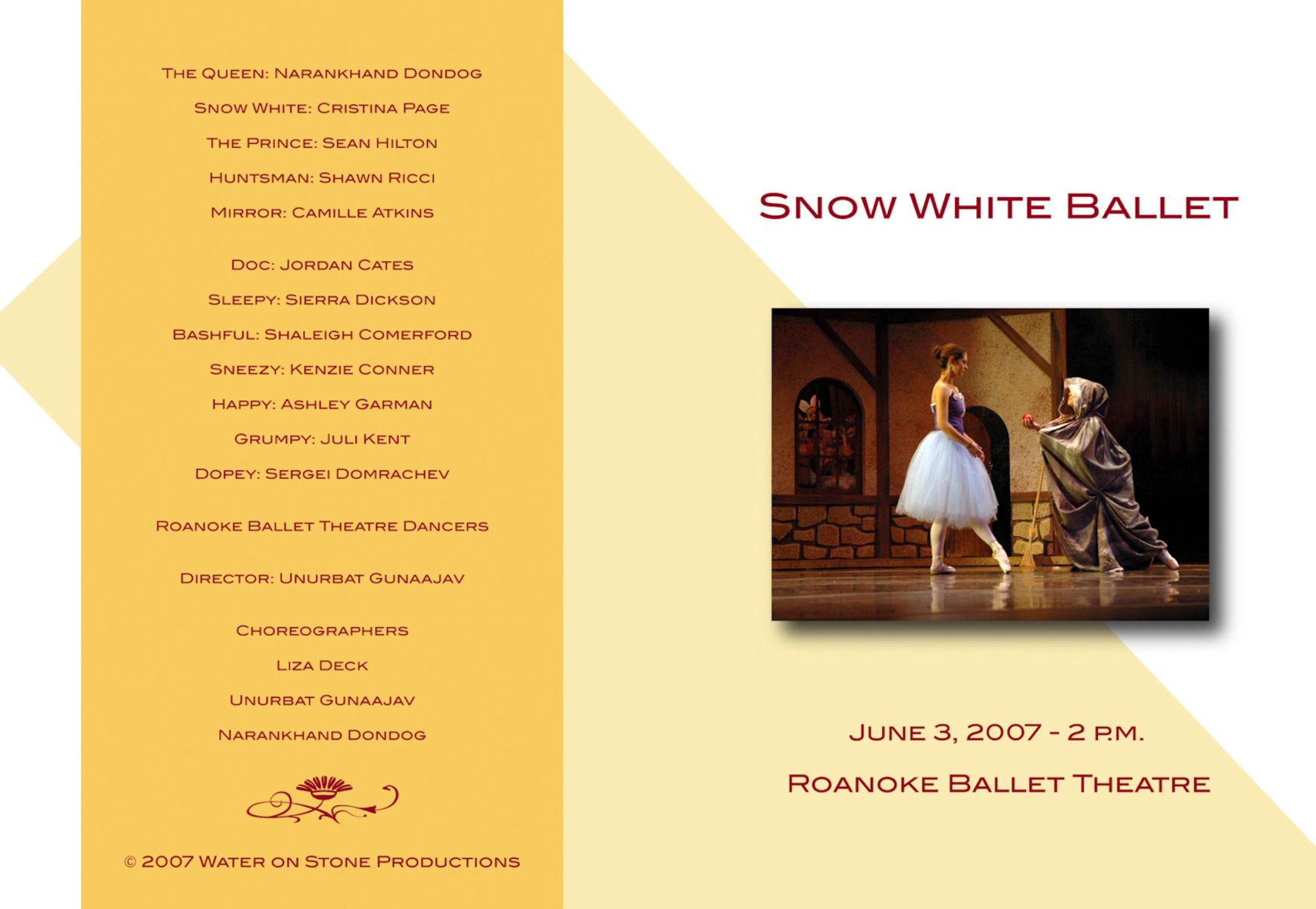 An advertisement for snow white ballet shows two ballerinas on stage