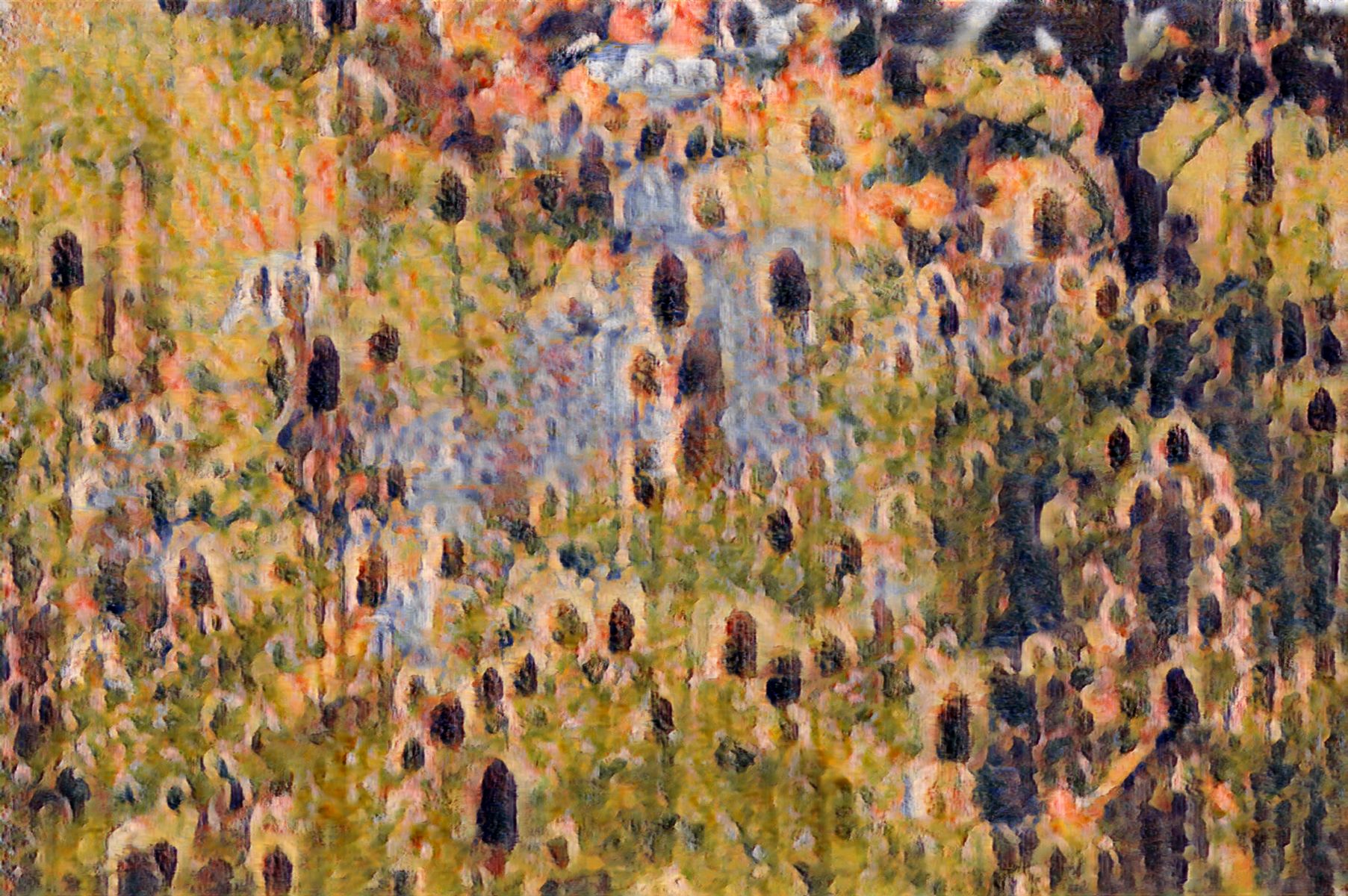 A close up of a painting of a field of sunflowers.