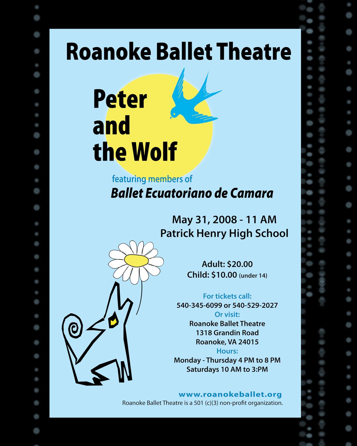 A poster for peter and the wolf at the roanoke ballet theatre
