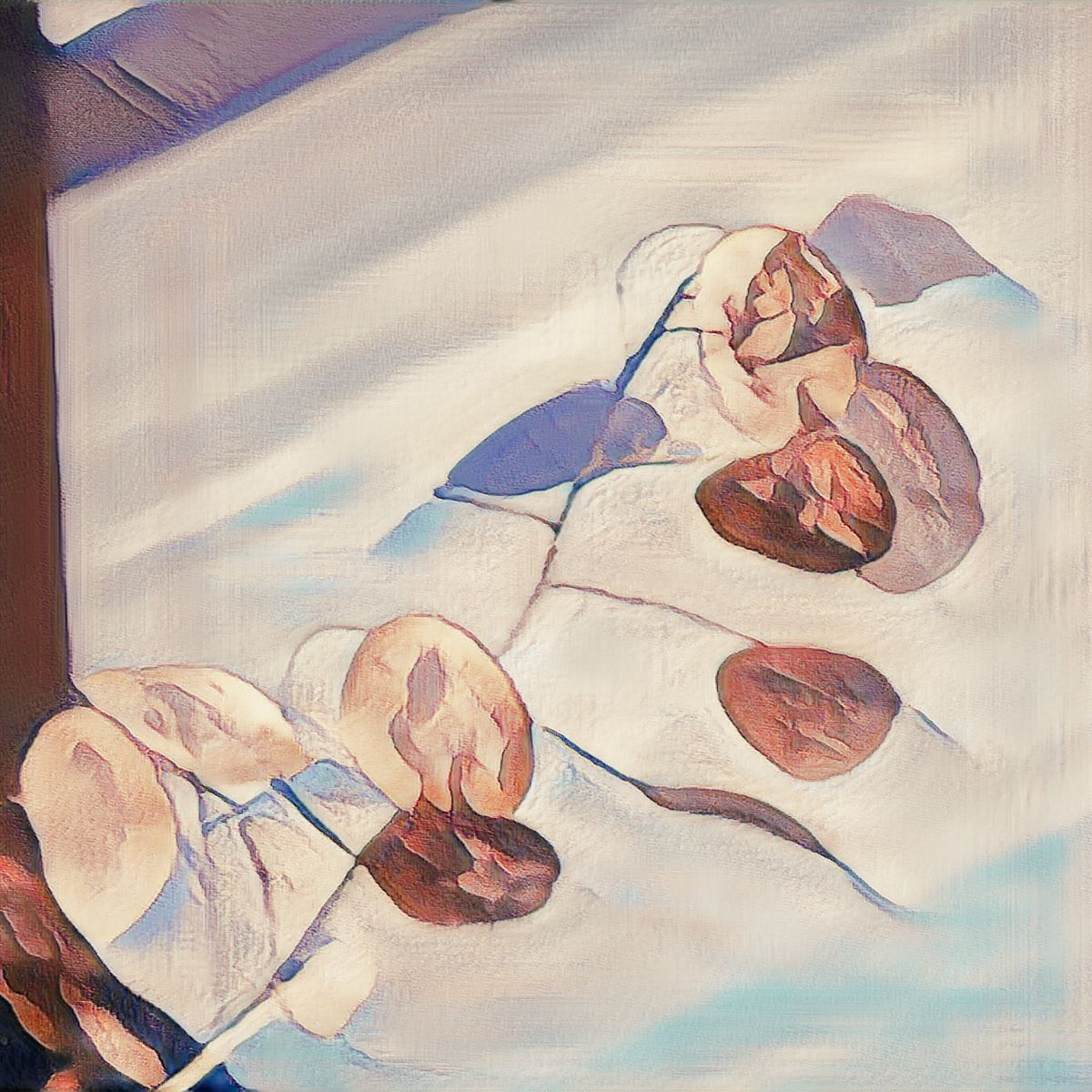 A painting of a tree branch with leaves on it