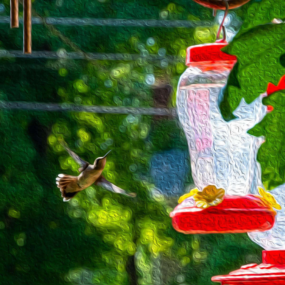 A painting of a hummingbird flying near a bird feeder