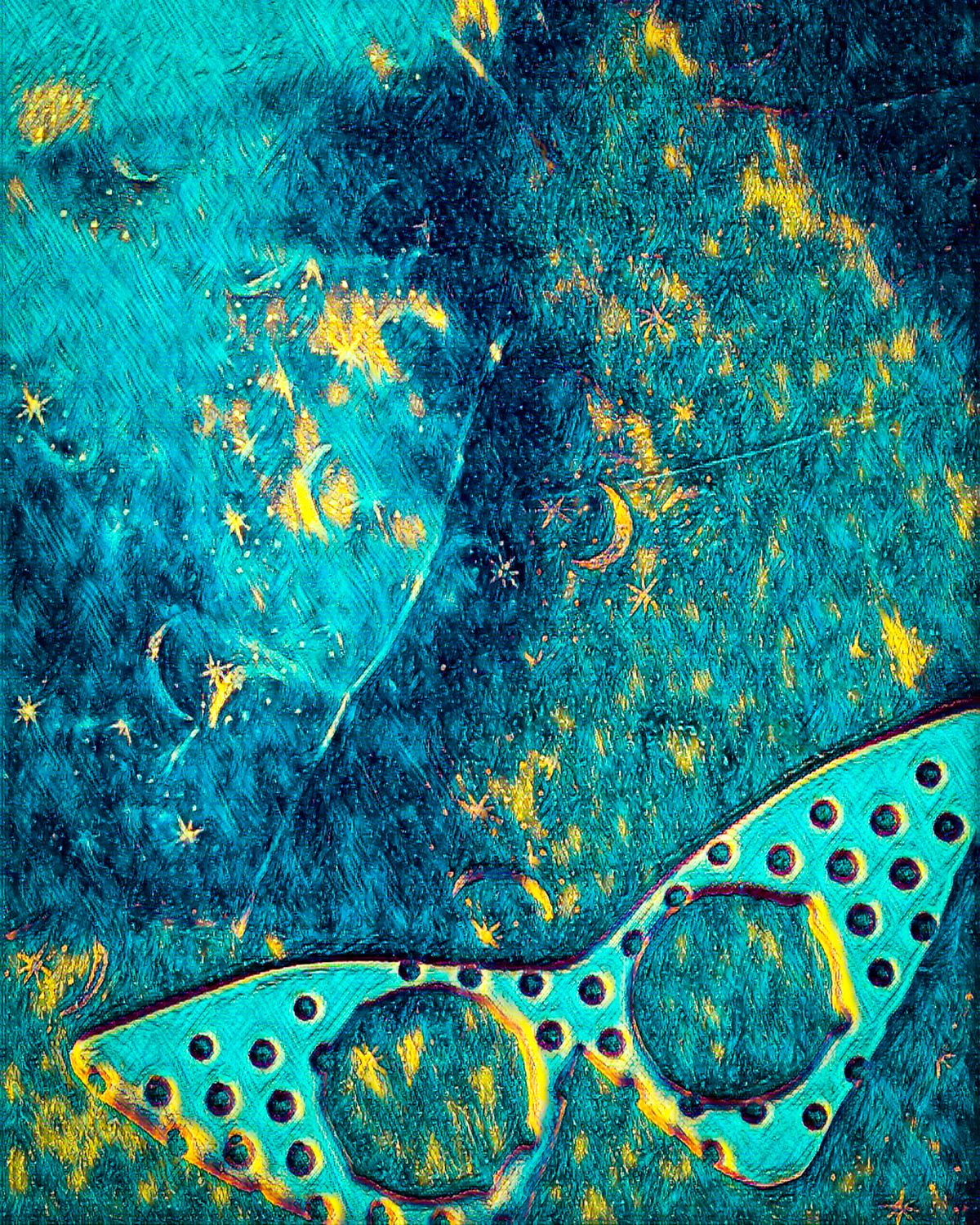 A painting of a pair of sunglasses on a blue background.