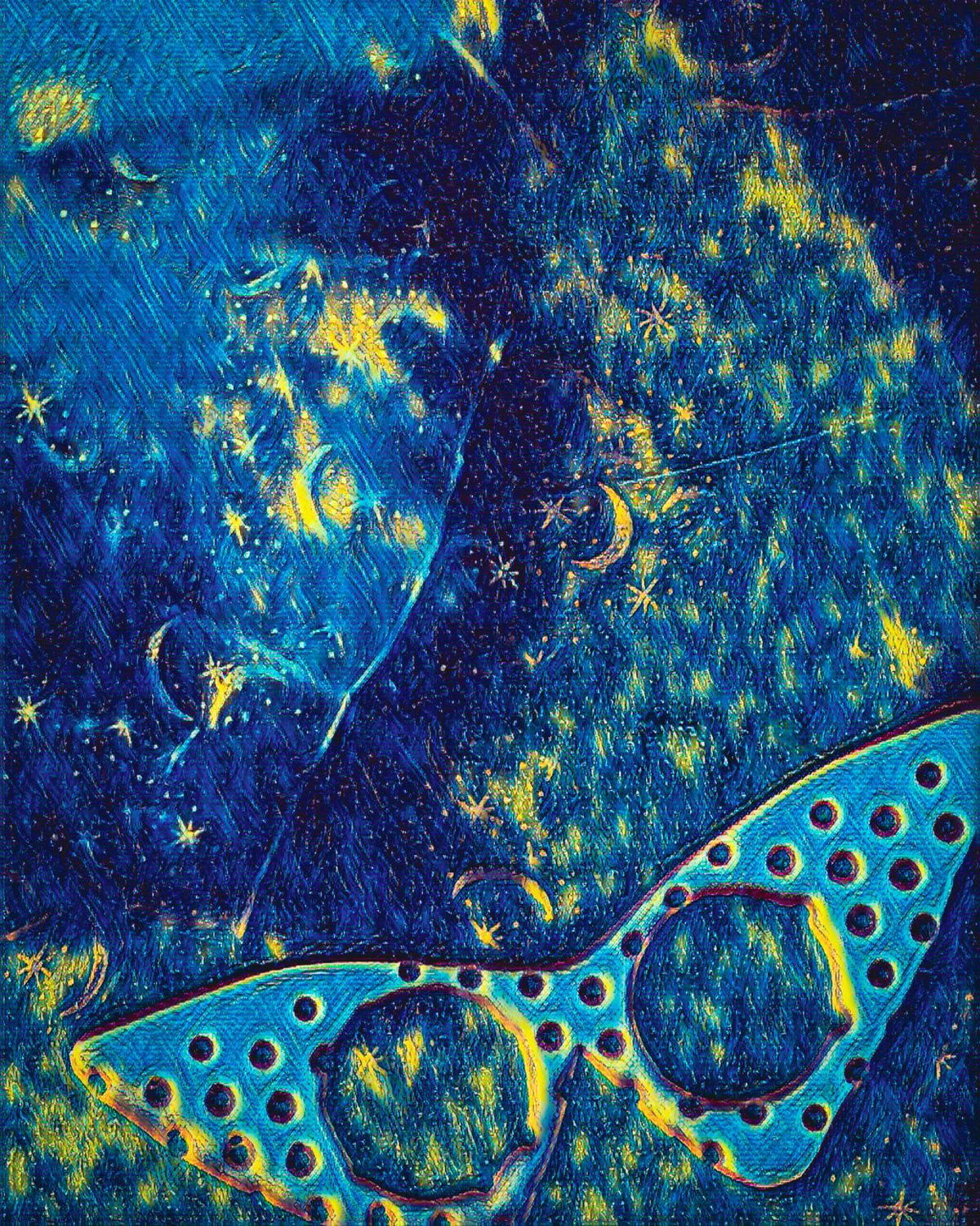 A painting of a butterfly and a pair of glasses on a blue background