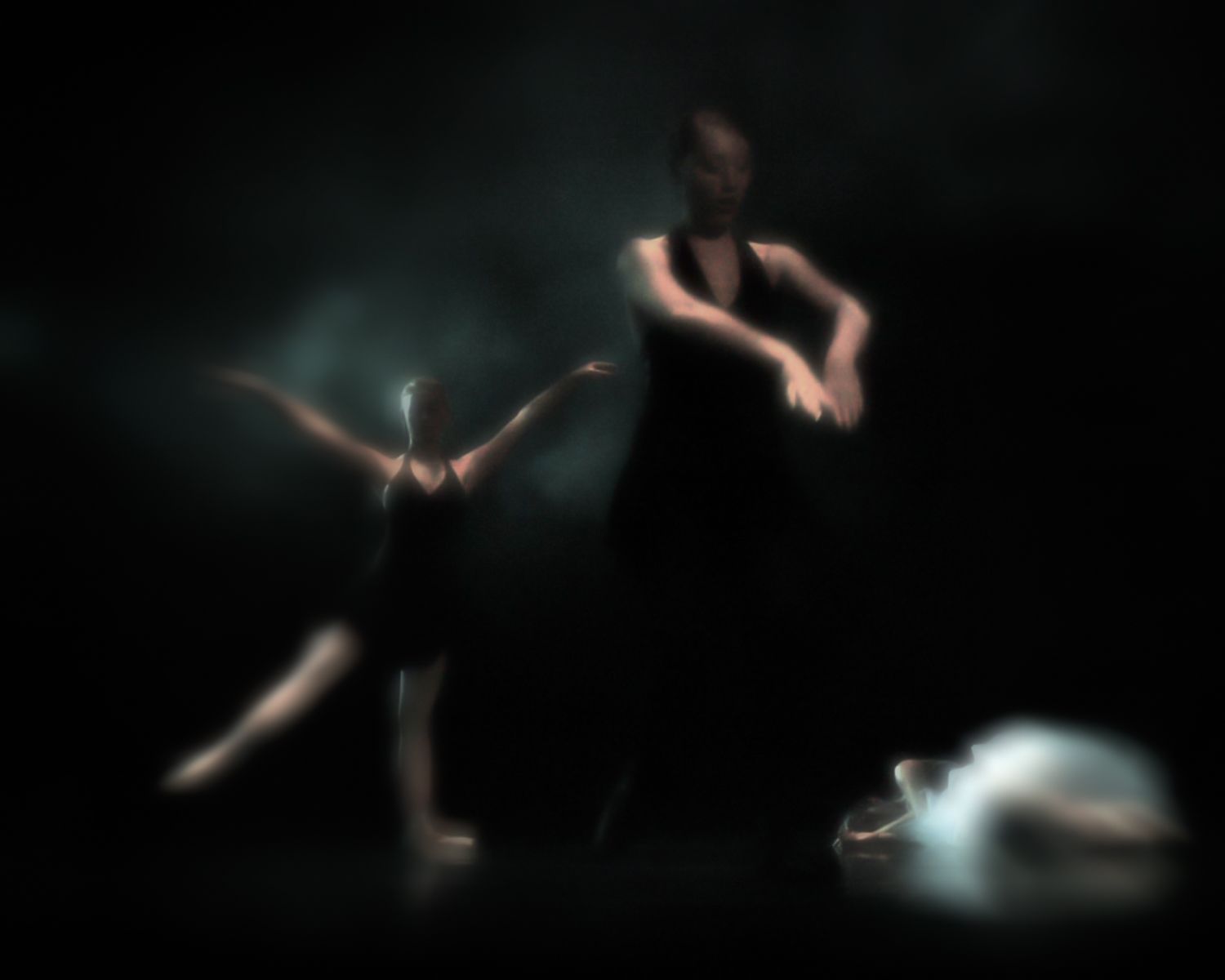 A blurry picture of two ballerinas dancing in a dark room