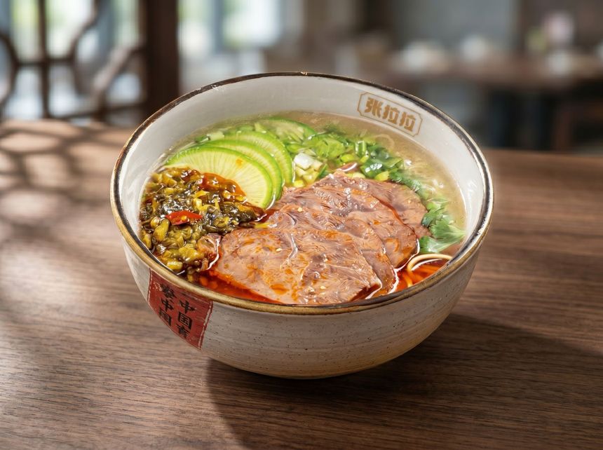 Bowl of ramen with sliced avocado, meat, and chili oil on a wooden table