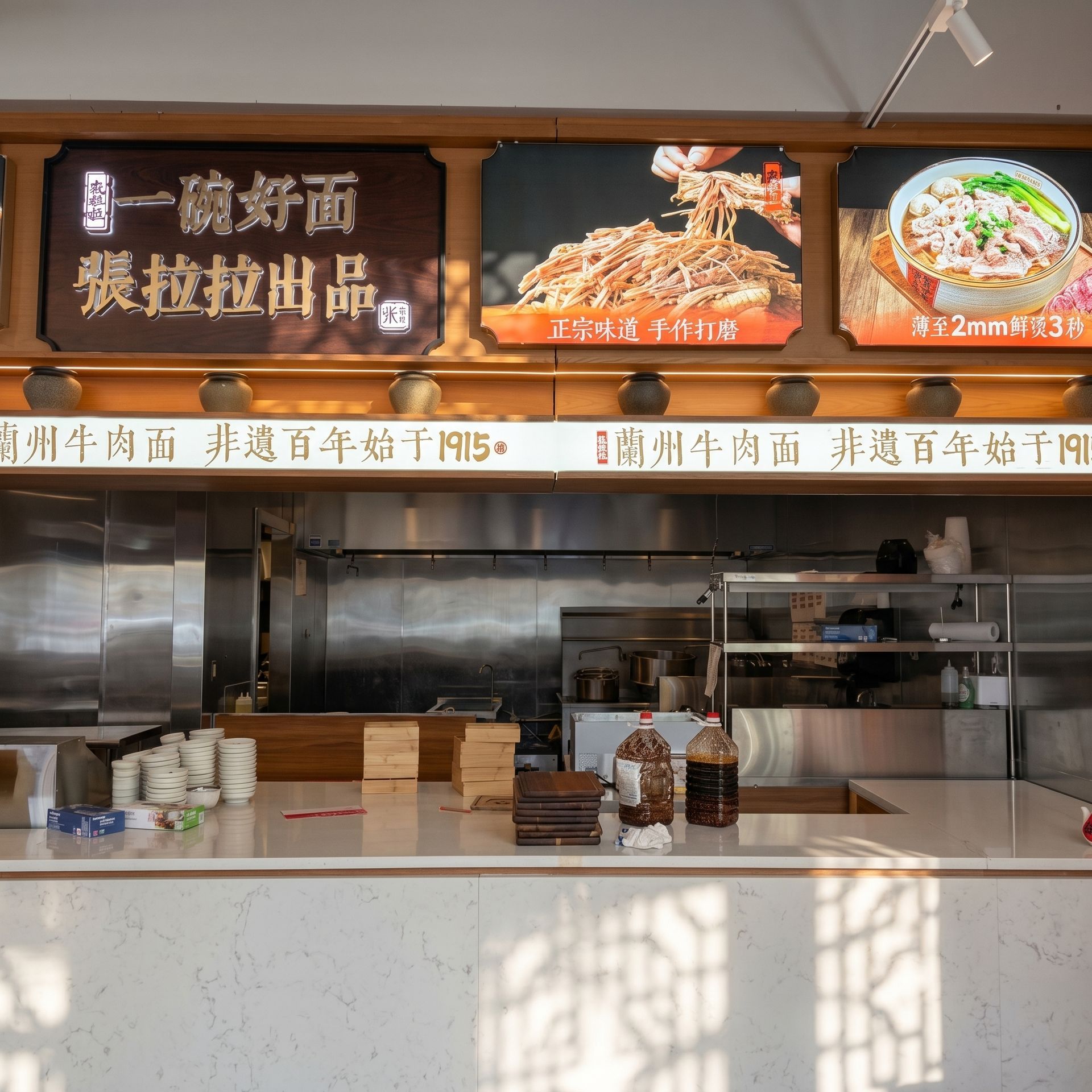 Chinese noodle shop counter with illuminated menu signs, stainless prep area, and condiment bottles