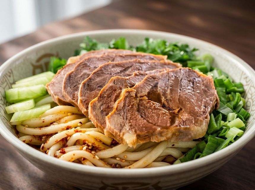 Sliced beef on noodles in a white bowl with cucumber and chopped herbs