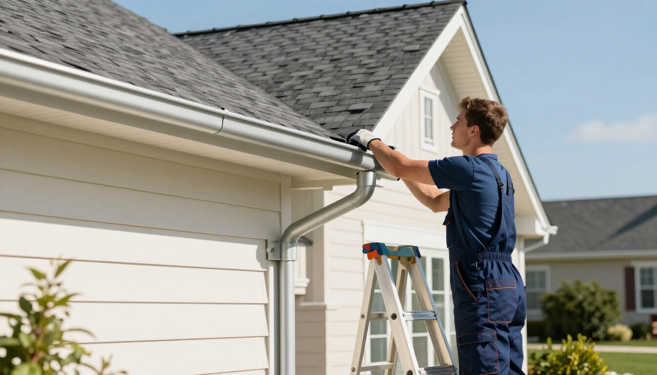 Pressure washing a house gutter with a spray nozzle, water splashing on the roof edge