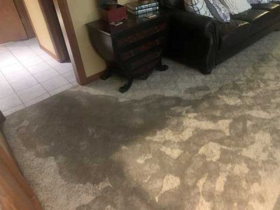 A living room with a couch and a table and a dirty carpet.