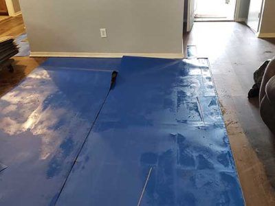 A blue mat is sitting on a wooden floor in a living room.