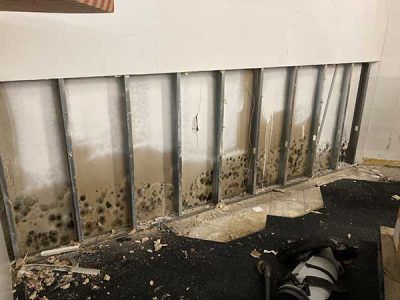 Water-damaged wall with mold stains and peeling paint above a damaged floor area