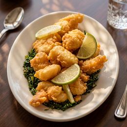 Crispy fried fish on a plate with greens and lime wedges on a dining table