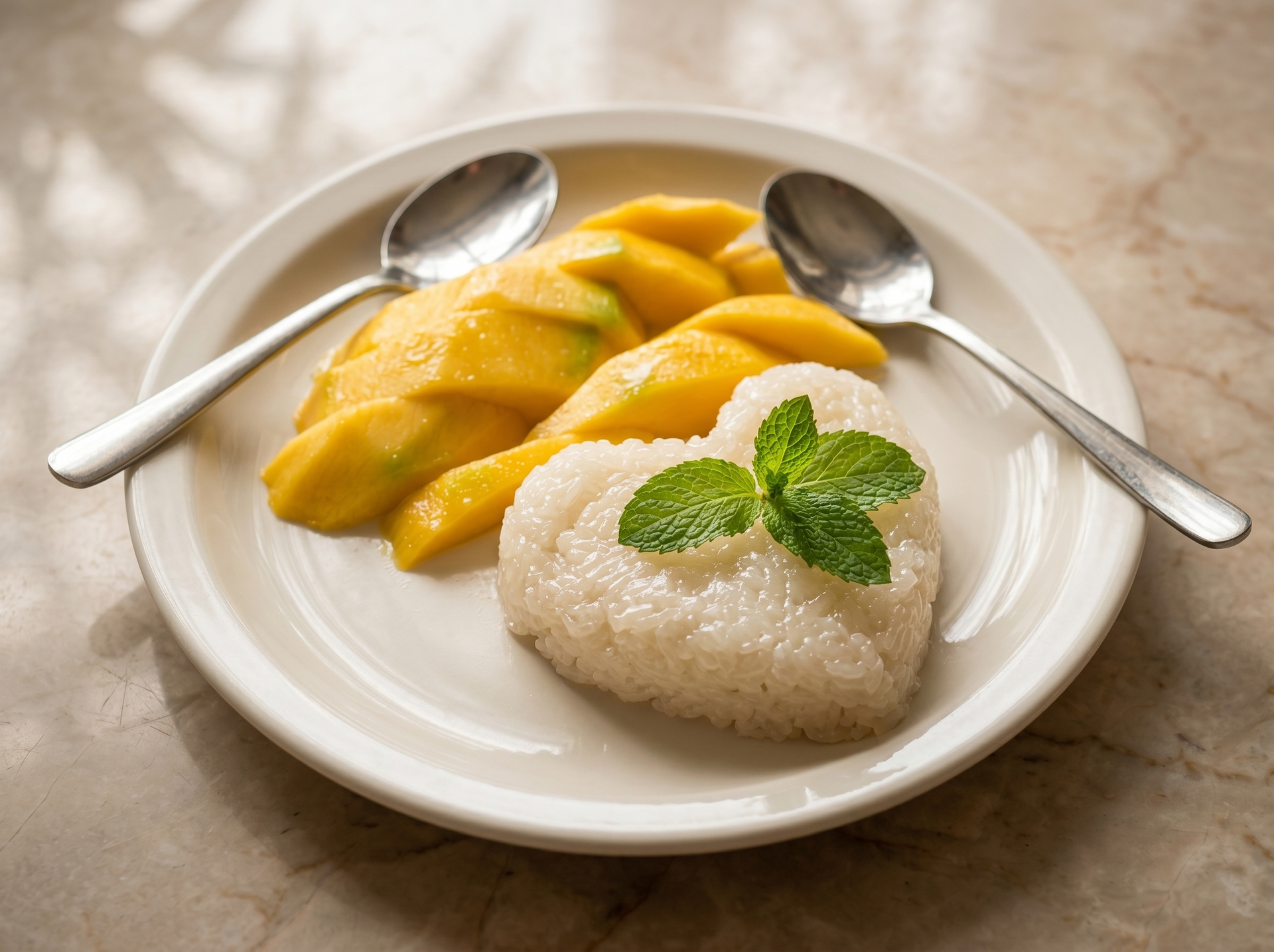 Mango slices and sticky rice on a white plate with two spoons and a mint garnish