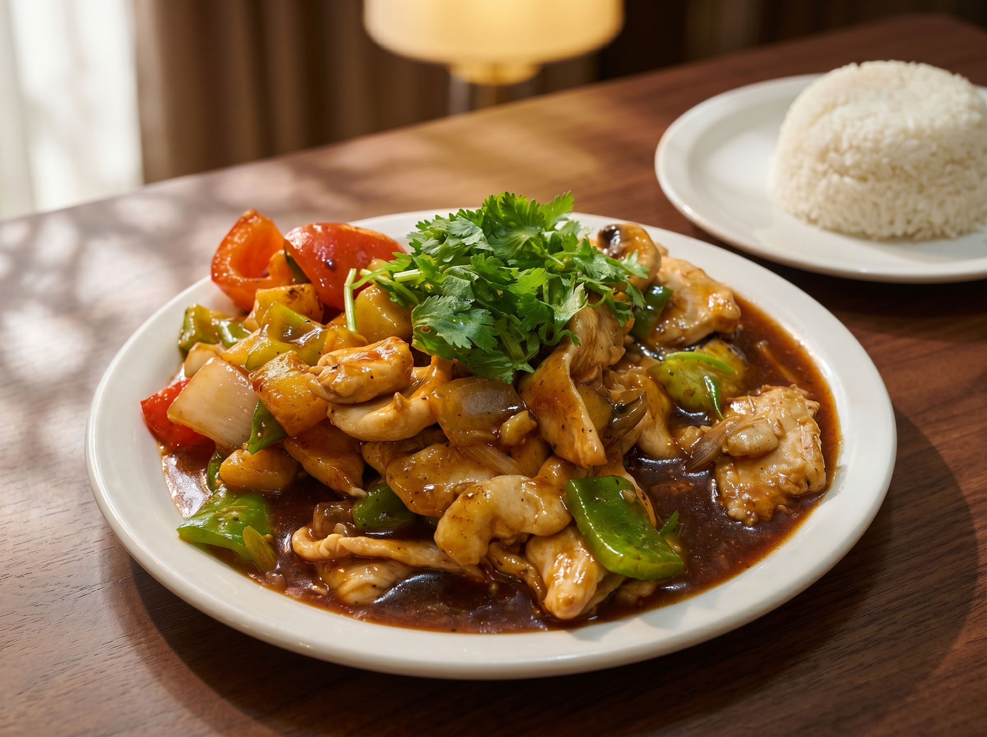 Plate of stir-fried chicken and vegetables topped with cilantro, beside a bowl of white rice on a wooden table