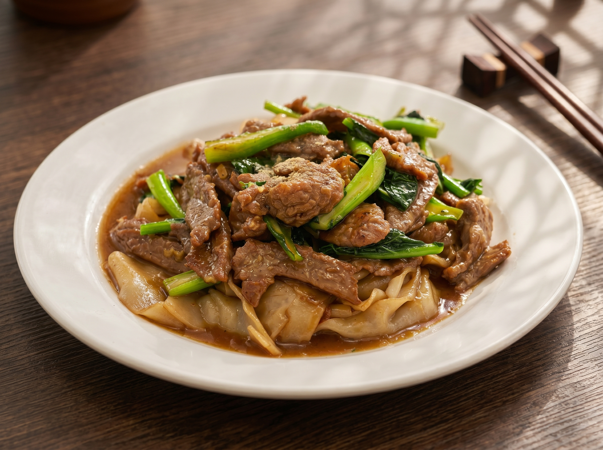 Beef stir-fry with green beans and onions on a white plate, served with chopsticks on a wooden table