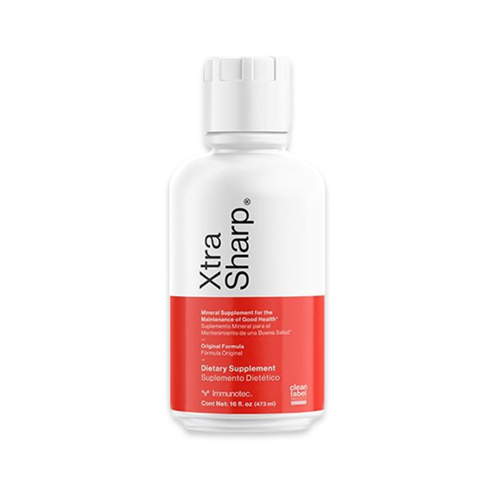 Botella blanca de suplemento líquido “Xtra Sharp” con banda roja; suplemento dietético.