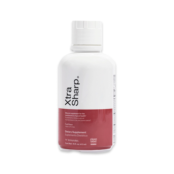 Botella de suplemento dietético líquido “Xtra Sharp”, etiqueta blanca y roja.