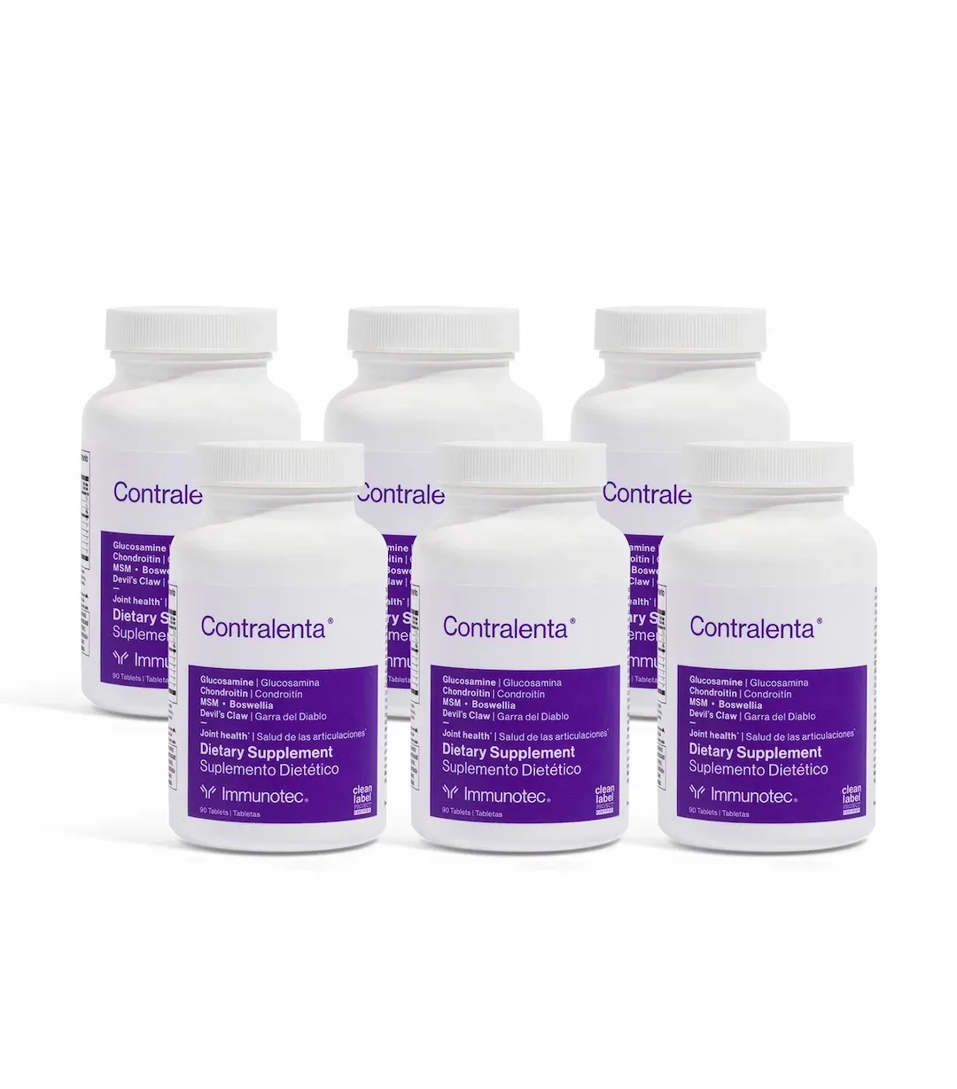 Seis frascos de pastillas blancas de medicamento Commenra con etiquetas de color morado.