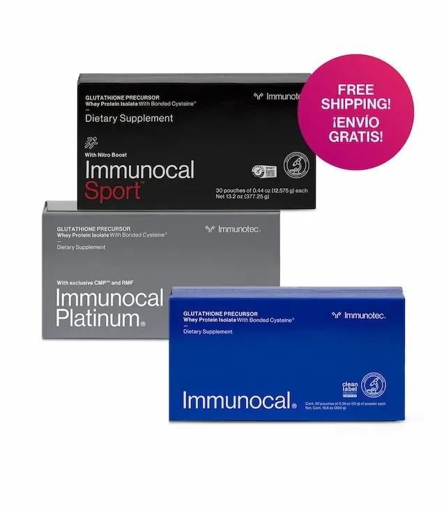 Cajas de suplementos Immunocal en color negro, gris y azul, con una etiqueta rosa de