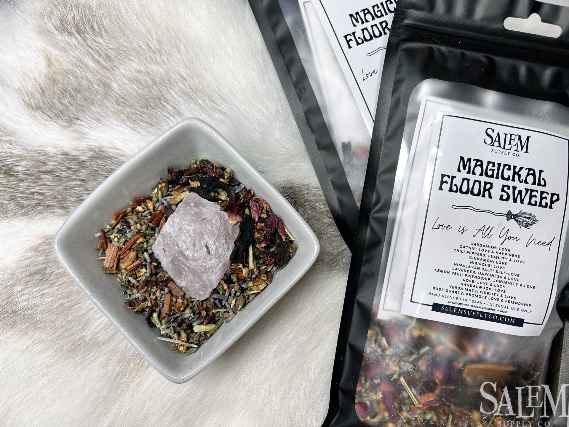 A bag of magickal floor sweep next to a bowl of magickal floor sweep