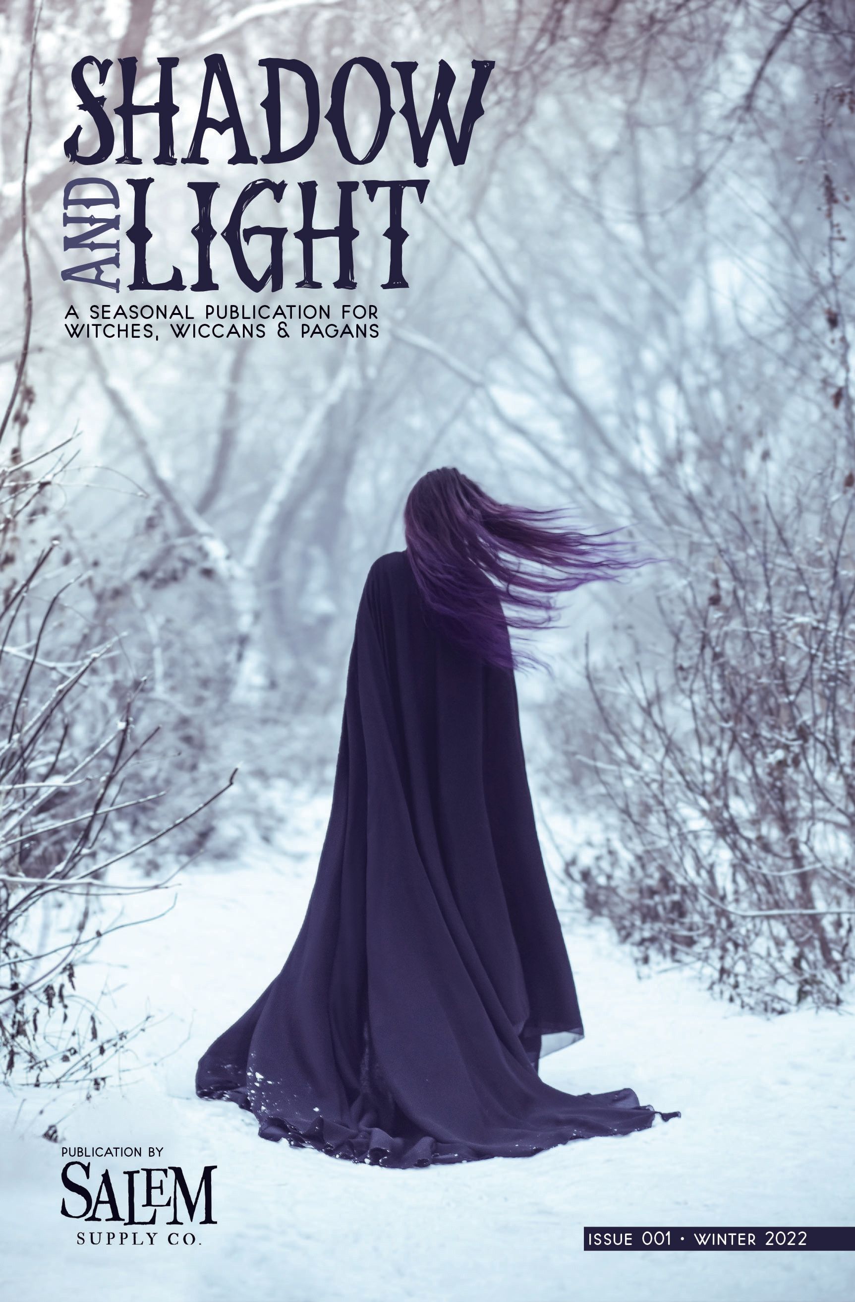 A woman in a blue cape is standing in the snow.